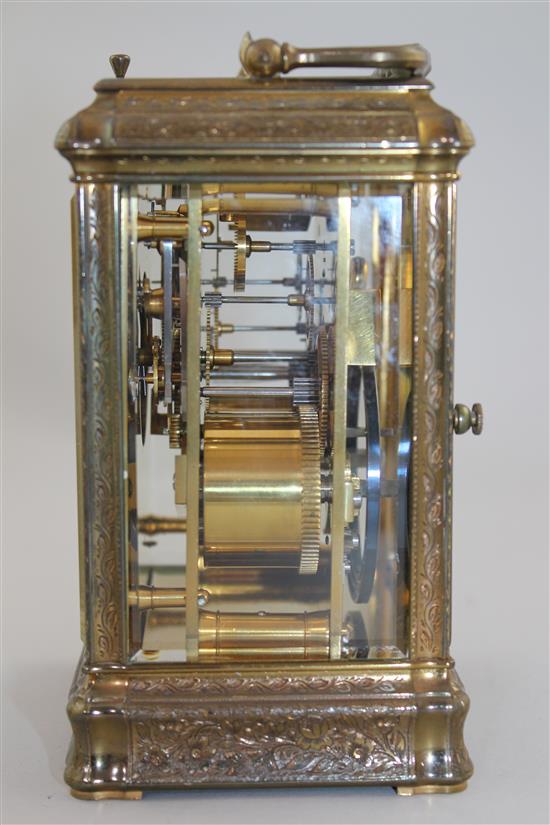 Margaine. A 19th century French engraved brass hour repeating carriage clock, 6in.